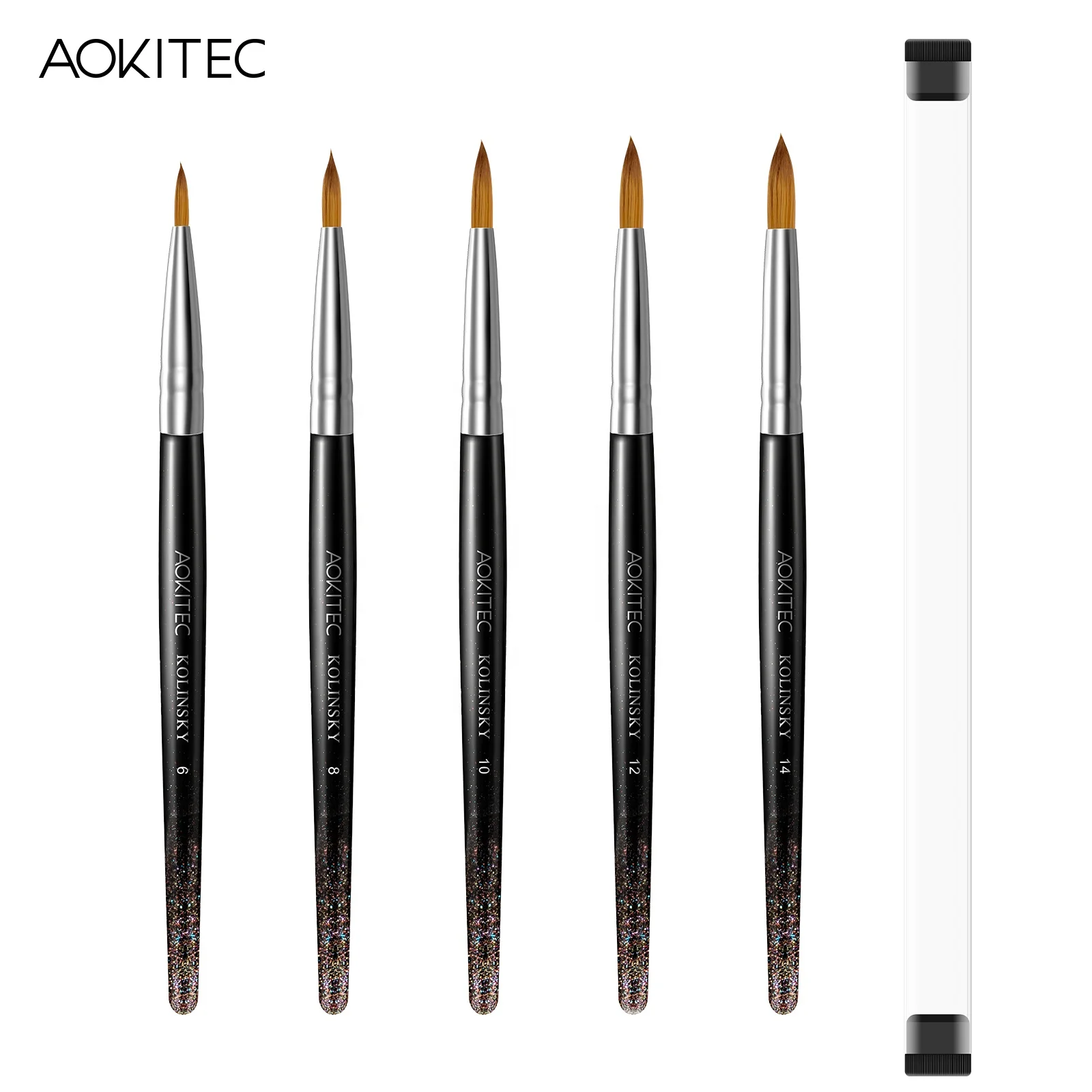 Aokitec meteor bulk black 3d crimped 20 percent synthetic kolinsky acrylic brush for nail