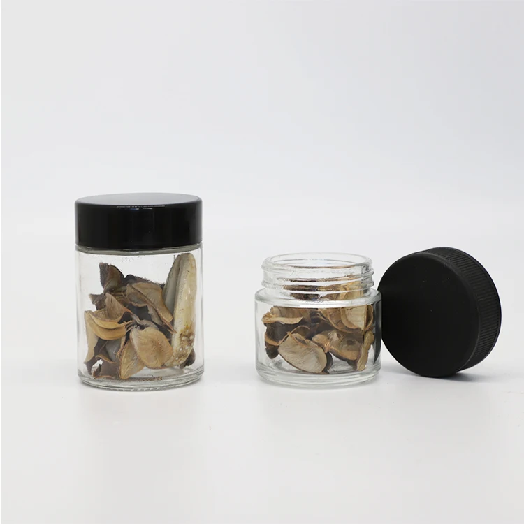 1oz 2oz 3oz 4oz 5oz 6oz 9 oz 10oz glass child resistant clear round jars flower jar with black white childproof cap