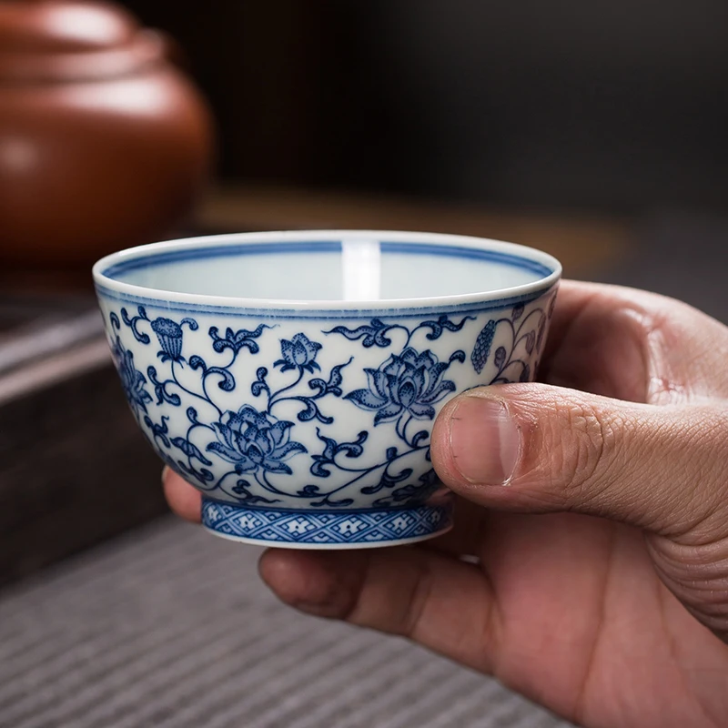 Handmade Jingdezhen Porcelain Tea Set Stone Kiln Blue and White Ceramic Tea Cup Hand-Painted Lotus Kung Fu Tea Cup Wholesale