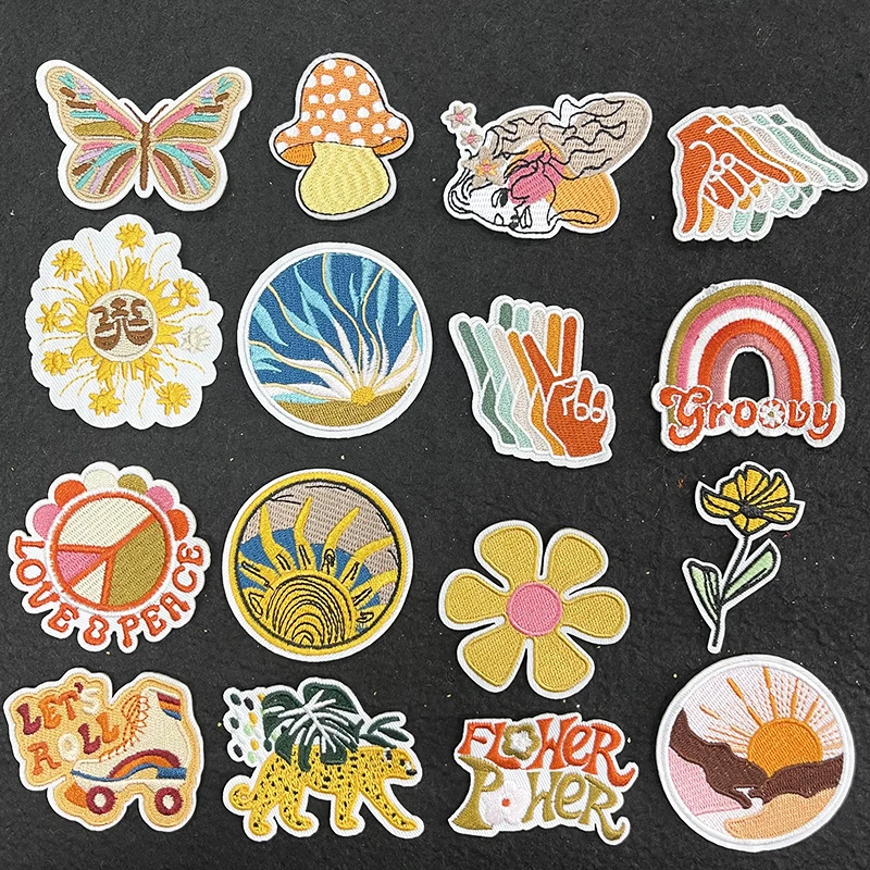 Iron On Smile Face Embroidery Cartoon Spring Brilliant Color Positive Energy Good Viber Flower Heart Patch For Hat Cloth Bag