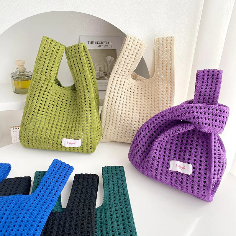 Fashion Plain Design Polyester Handbag Pouch Portable Open Knitting Hand Bags