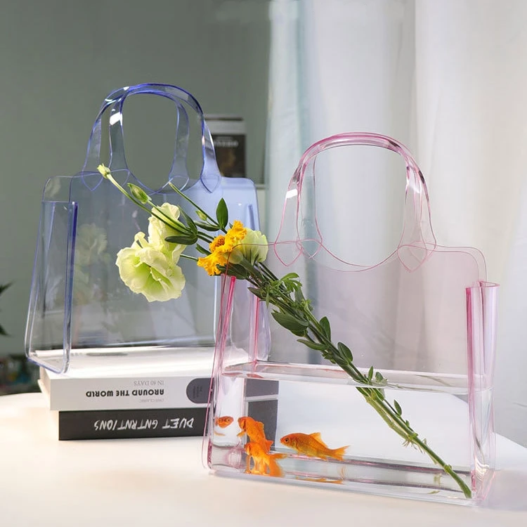 Сумочка ваза для украшения дома Акриловая с уникальным дизайном прозрачная розовая синяя ручкой в форме кошелька