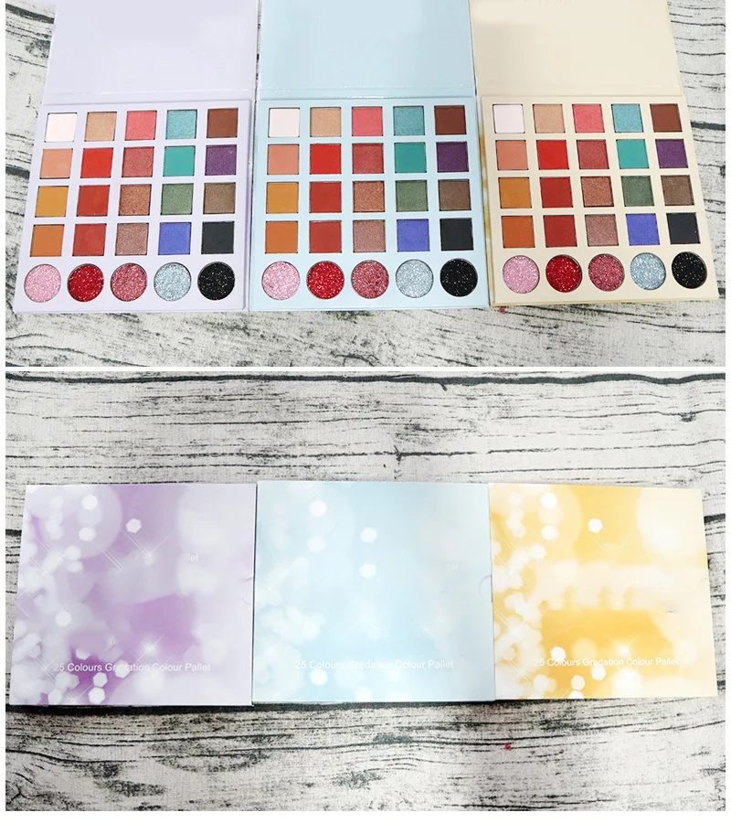 Матовые и мерцающие 25 цветов, глиттер, ваш собственный макияж, фиолетовые, желтые, индивидуальные блестящие тени для век, фирменная торговая марка