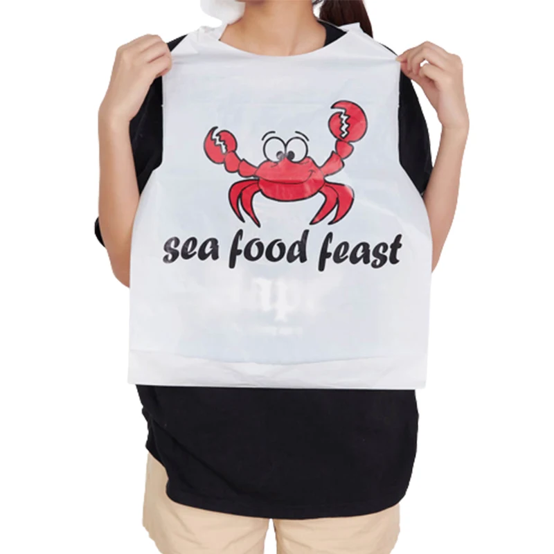 Custom Printed Sea Food Lobster Crab Dinning Apron Bibs Disposable Plastic Restaurant Adult Disposable Bib With Own Logo