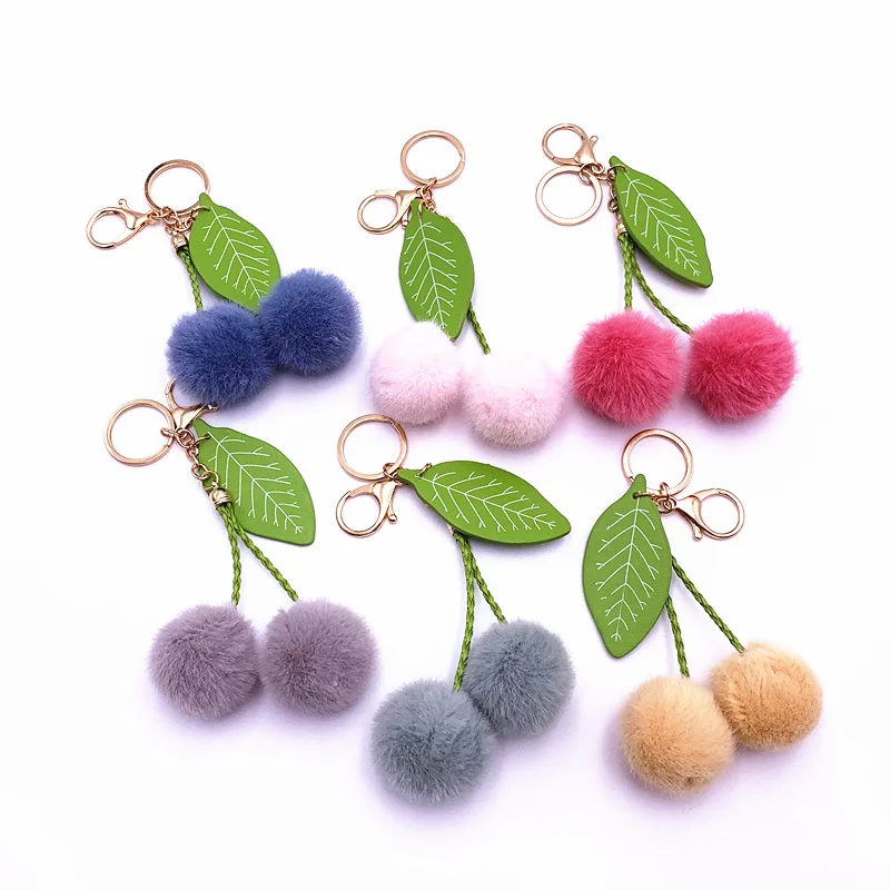 Fur Car Key Ring  Cute Cherry Bag Pendant Fur Ball Plush Doll Cartoon  Fruit Car Keychain