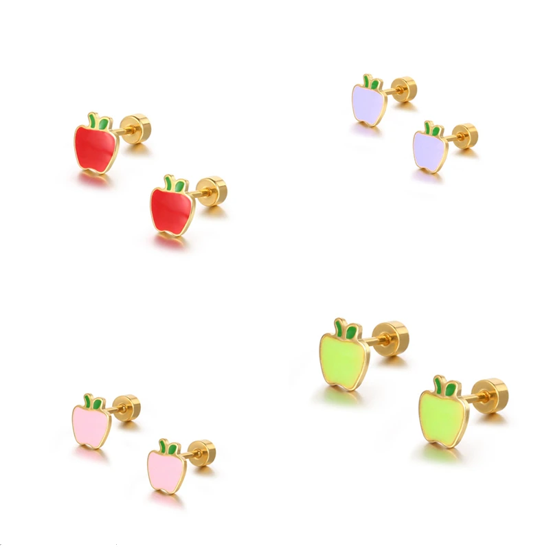Minimalist Personality Stainless Steel Cute Colorful Apple Shaped Stud Earrings