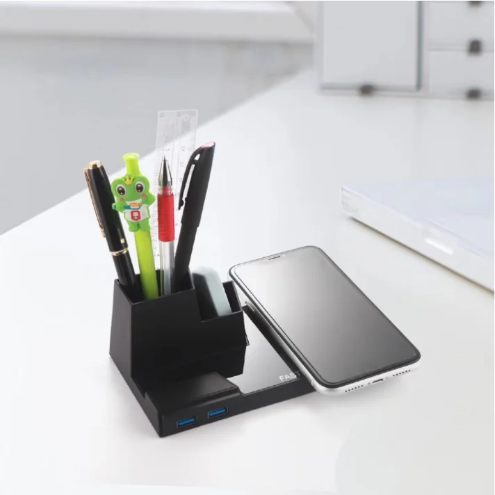 
Multi-function Wireless Charger with Pen Holder Phone Holder Dual USB Port 4 in 1 Wireless Phone Charger 