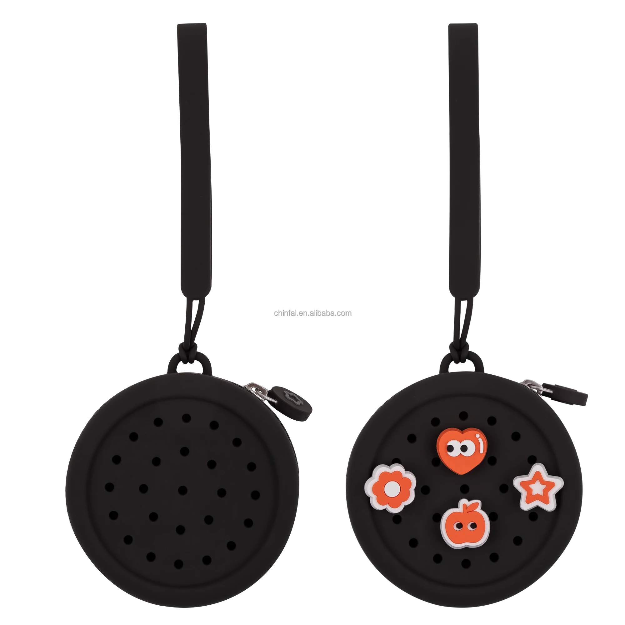 Portable Silicone Coin Purse Bag with Hand Strap DIY Cute Cartoon Pattern round Mini Pouch Zipper Closure Unisex Key Holder