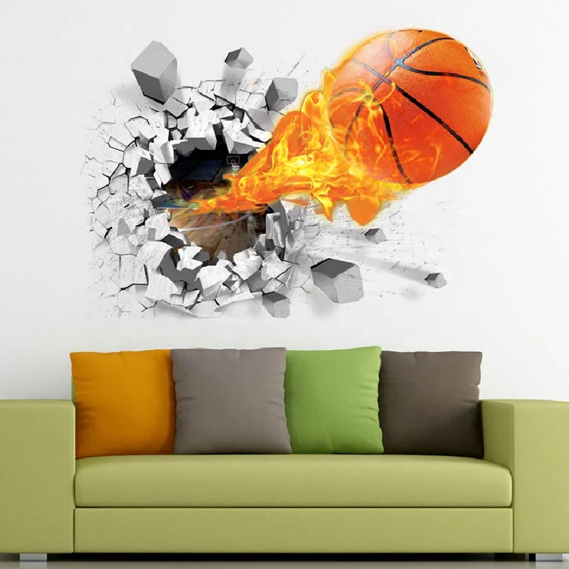 BSCI Certificate Basketball Kids Room Decoration  3D Home Wall Vinyl Sticker 3d Broken Wall Basketball PVC Wall Stickers