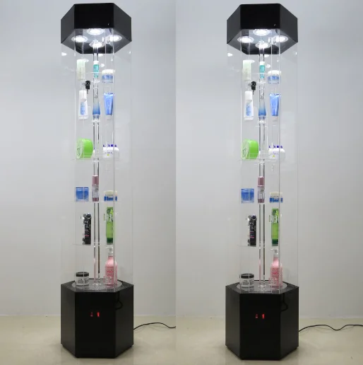 2020 New Arrivals Metal Hexagon Glass Jewellery Display Case Cabinet Light Rotating Shop Stand Showcase Decoration Design