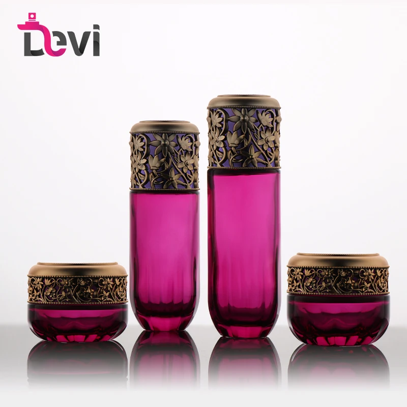 Devi Glass Luxury Cosmetic Skincare Packaging Serum Lotion Bottle 30g 50g 100ml 130ml Empty Containers with Dropper Carved Caps