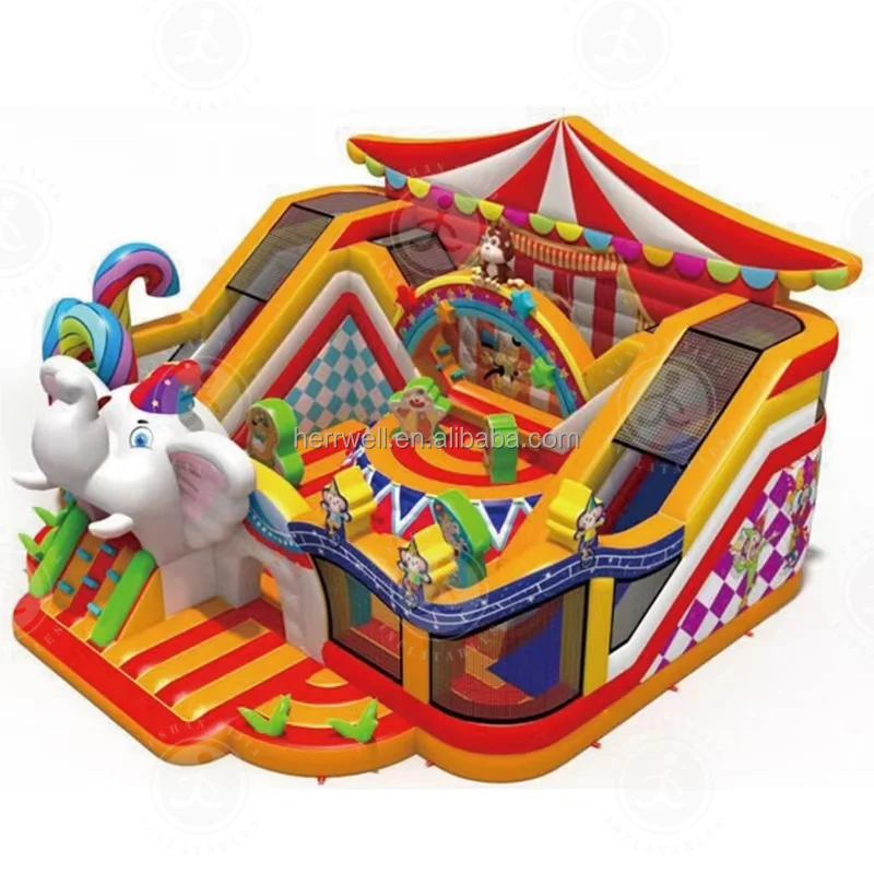 Kids Outdoor Huge Inflatable Circus Playground Interactive Inflatable Amusement Park With Bouncer and Slide For Kids and Adults