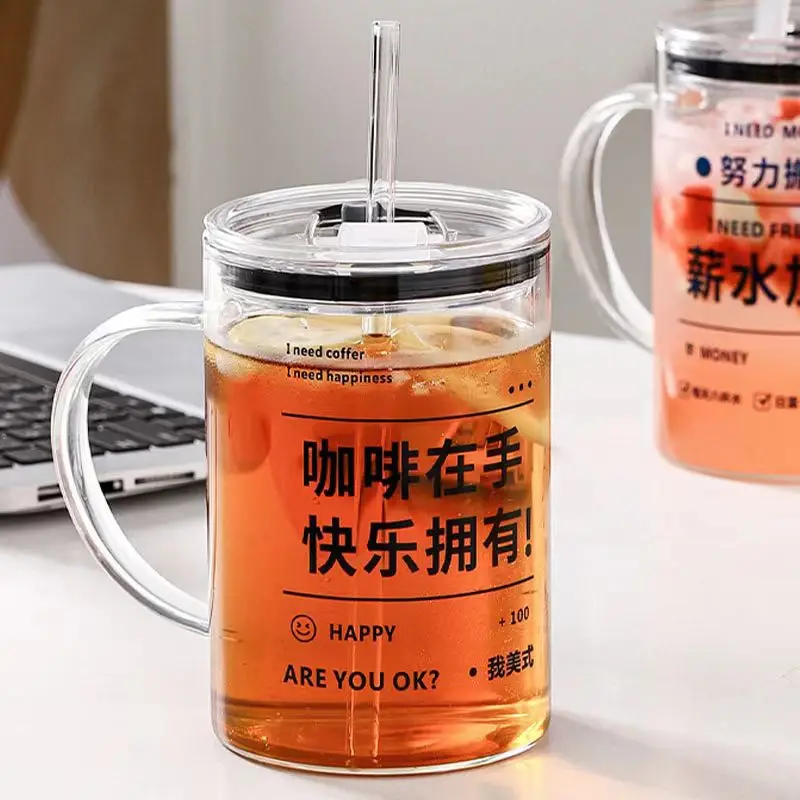 1000 ml High borosilicate glass cup with lids and straws,large belly cup, milk cup, heat-resistant glass handle cup