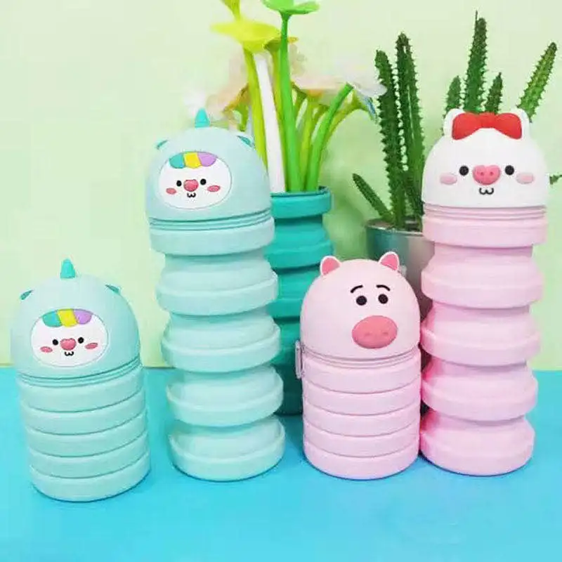 Eco-friendly promotion cartoon design soft waterproof zipper silicone cute pencil case for school