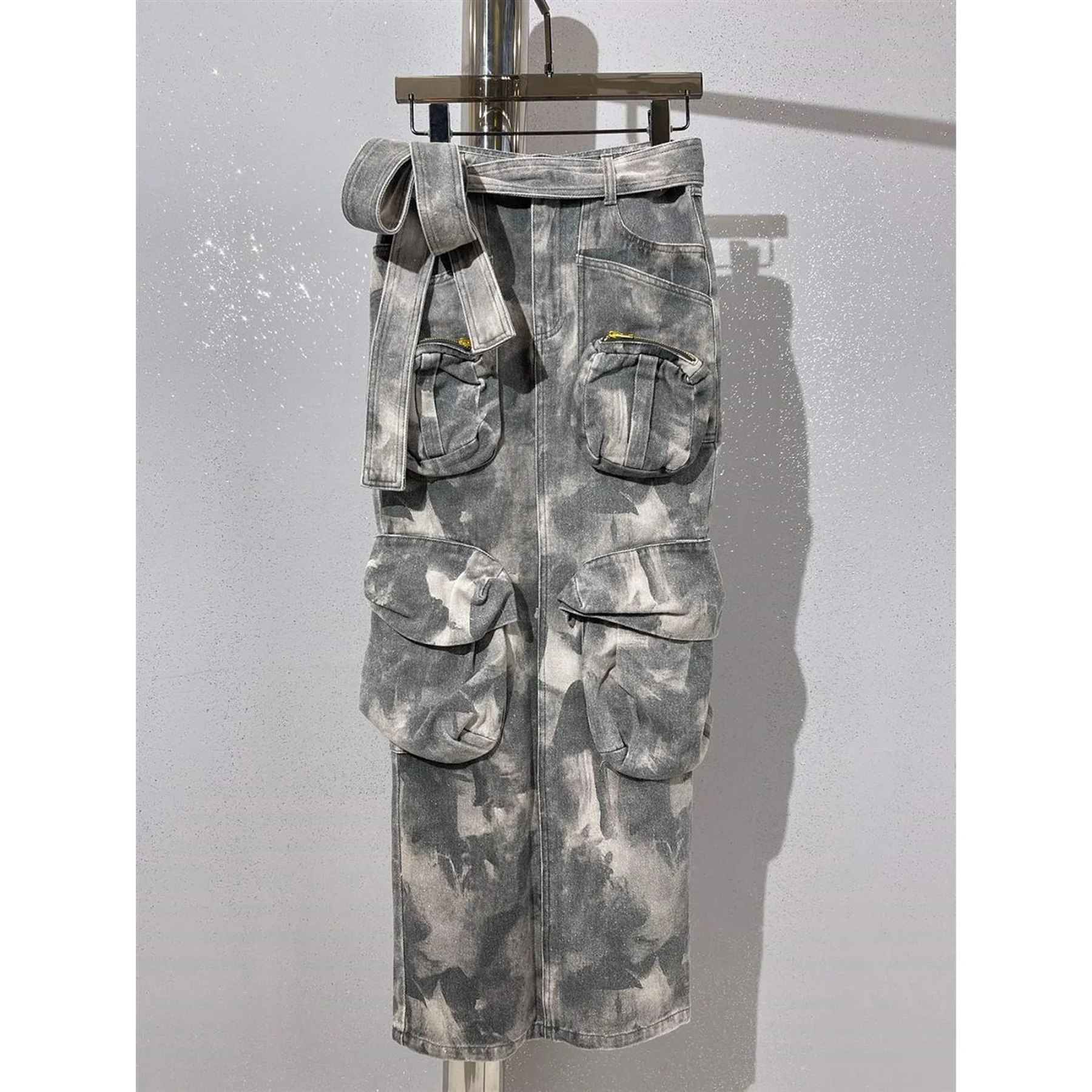 OUDINA Fashionable New Trendy Multiple Pockets Long Jeans Skirt Camo Cargo Women Camouflage Denim Skirt