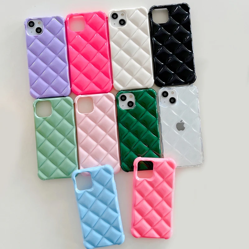 3D Grid Style The Puffer Phone Case for iPhone 13 12 11 Pro Max XR XS Max Soft TPU Rhombus Jelly Shell Cover