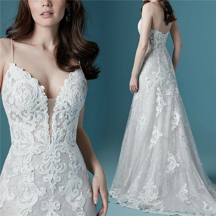 Popular design deep v neck embroidery white lace bridal ball gown wedding dress with court train