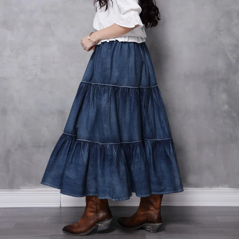 High quality brand style pleated oversize big long skirt jean denim plus size womens skirts