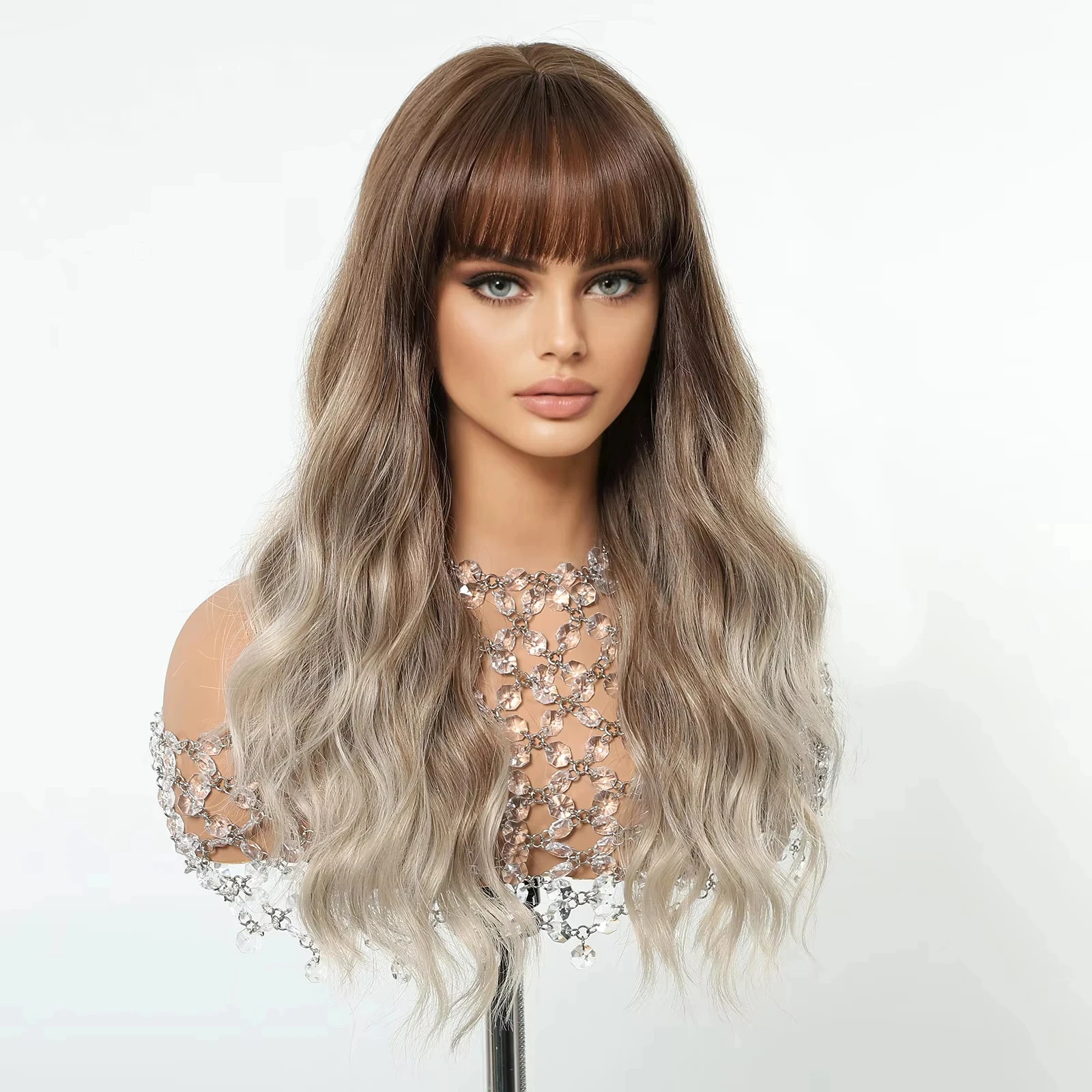 Ash Brown Synthetic Wigs Long Water Wavy Wig Soft Ombre Hair for Daily Party Heat Resistant Wig for Women Cosplay Use