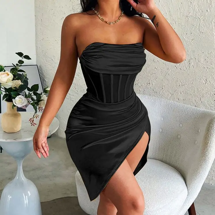 Satin Sexy Party Summer Dresses For Women Bodycon Mini Dress Club Strapless Casual Dress Black Yellow Solid Vestidos