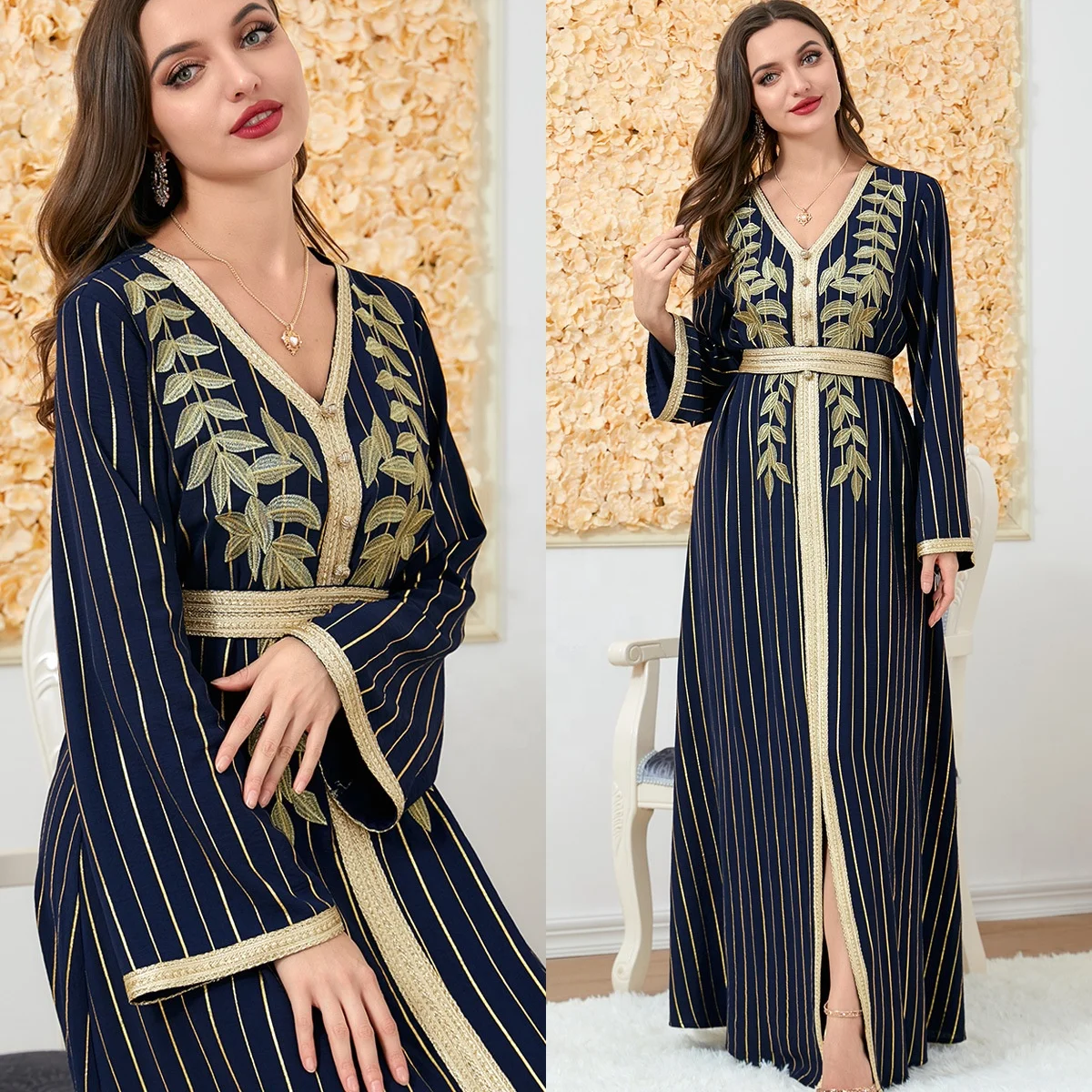 2023 Fashion Elegant Leaf Embroidered Muslim Dubai Abaya for Women Black Turkish Dubai Kaftan Party Evening Belted Arabic Dress
