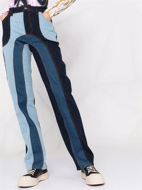 DiZNEW	OEM patched denim colorful color block slim fit women patchwork denim jeans