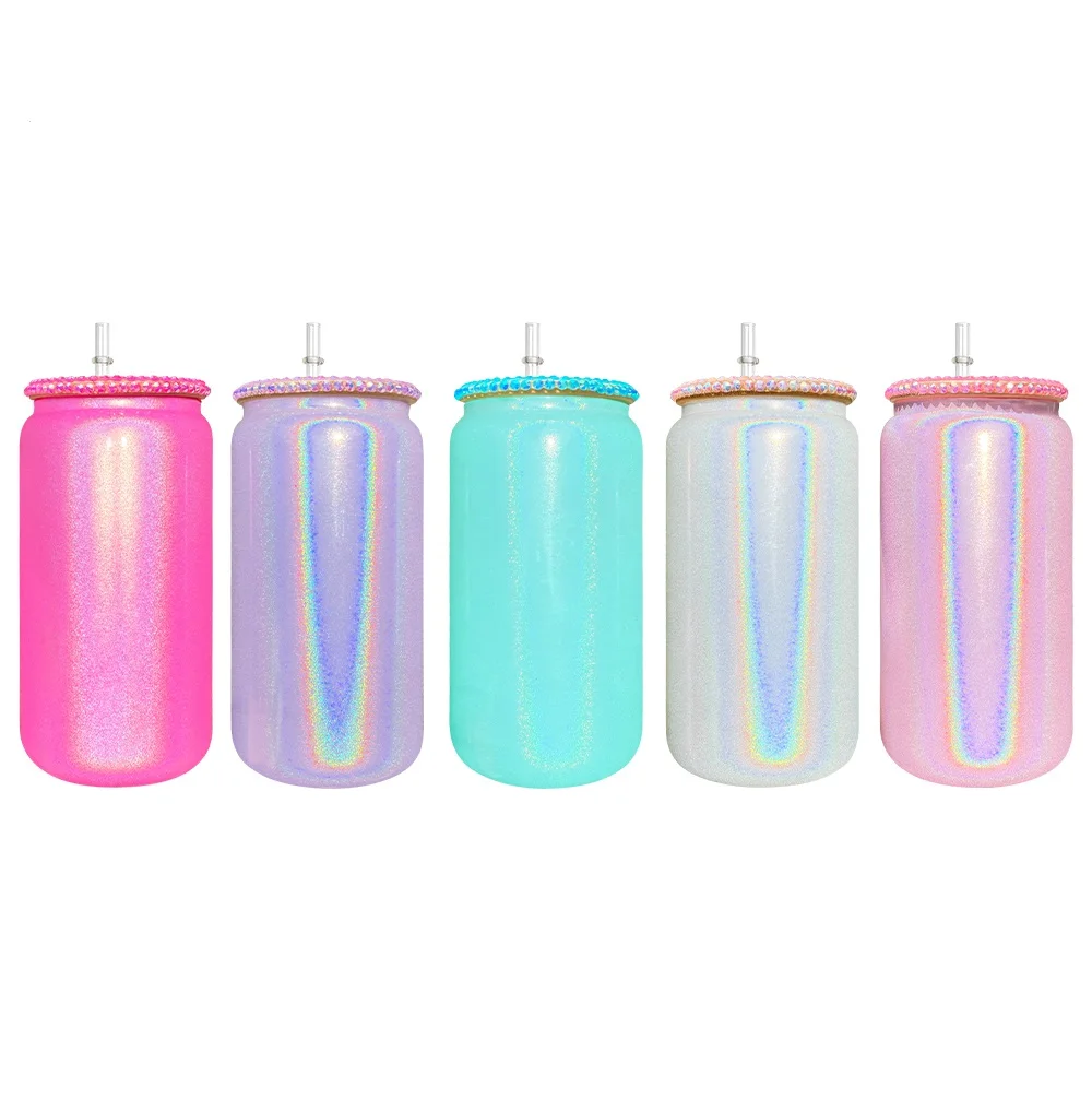 50 pcs/case USA warehouse Shimmer Glitter Glass Can with bling lids Rainbow 16oz glass can with bling rhinestone bamboo lid