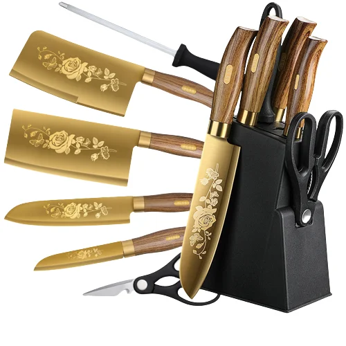 Wholesale Golden Kitchen Knife Set Stainless Steel Blade And Wood Grain Plastic Handle With Gold Titanium Coated Chef Knife Set