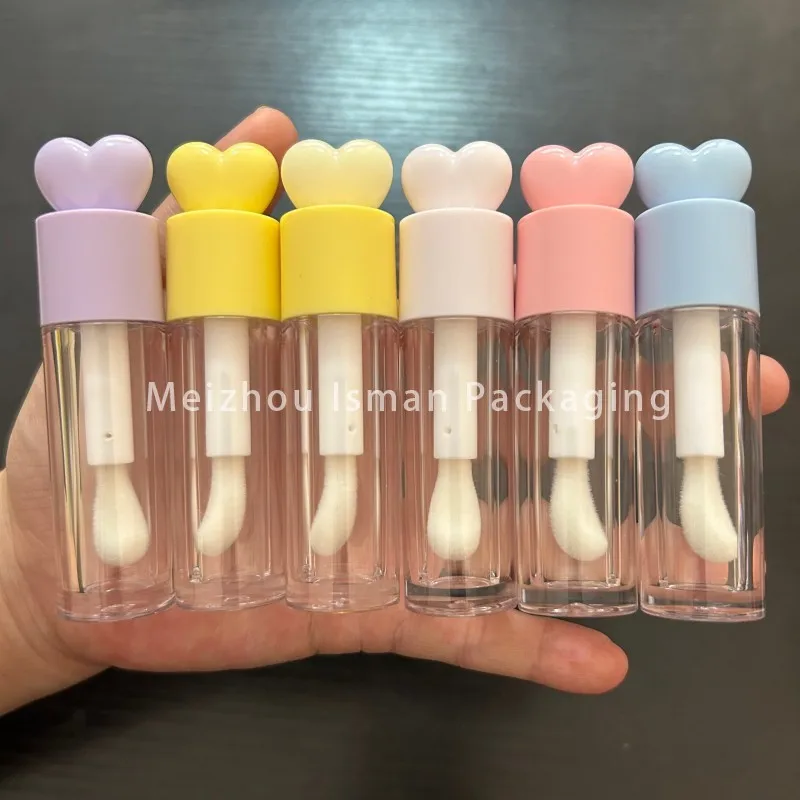 Customize 7ml luxury heart shape pink big brush wand transparent lipgloss tube plastic round empty lip gloss container tubes