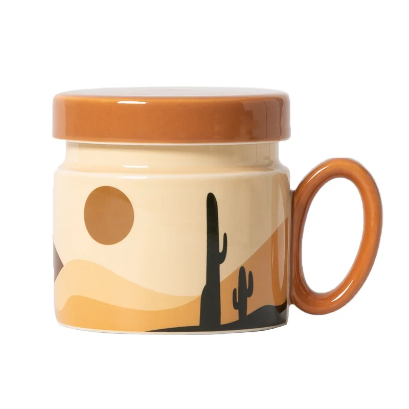 Oasis Series Korean Style Ceramic Coffee Cup with Lid Dustproof for Breakfast Milk High Aesthetic Office Mug