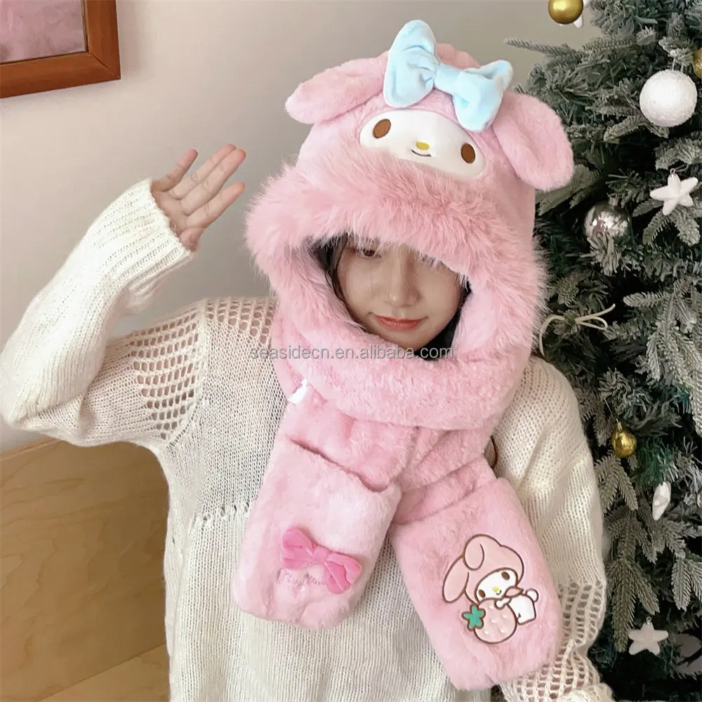 New Design Fashion Hello KT 3 in 1 Hats Scarf Gloves Soft Outdoor Winter Warm Women Girl Sanrioed Kuromie hats
