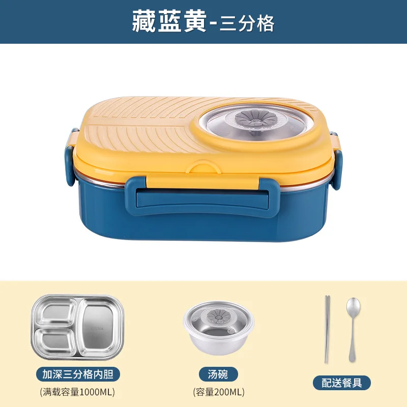 3 Compartments Bento Lunch box with Soup Bowl Steel Camera Lunch Containers Leak Proof Bento Box for Kids Adults with Cutlery