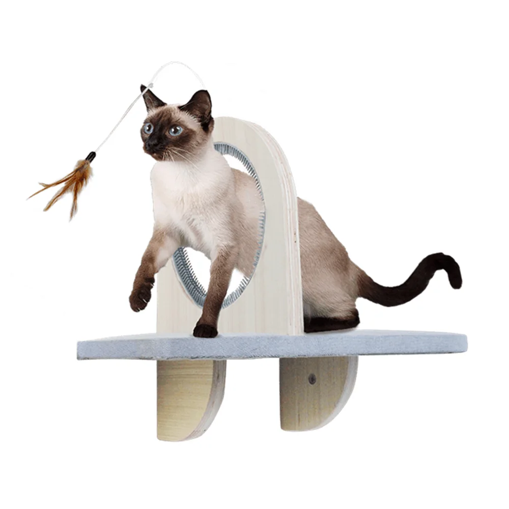 AFP Space-Saving Cat Climbing Furniture Durable Plywood Groom & Play Platform Wall Mounted Shelf Climber Perch With Feather Wand