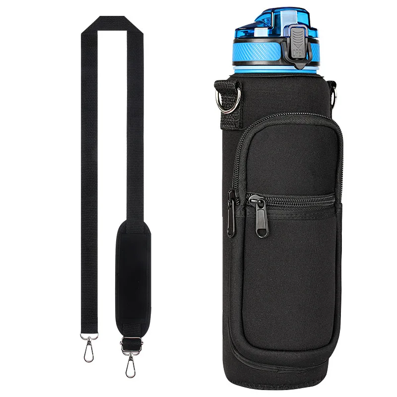 Adjustable strap neoprene fabric water bottle carrier sleeve pouch tumbler cup holder sling bag with phone pocket