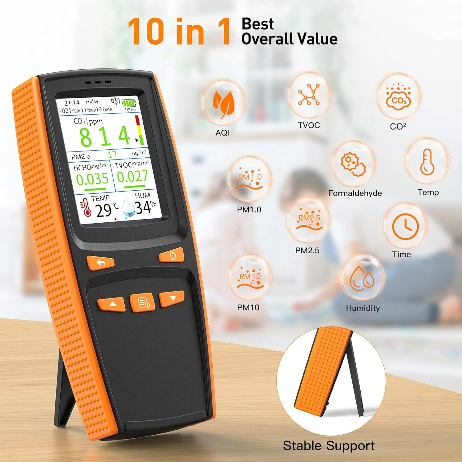 10 in 1 Air Quality Monitor 2000mAh Rechargeable PM2.5 PM1.0 PM10 HCHO TVOC CO2 Gas Detector Handheld Air Quality Detector