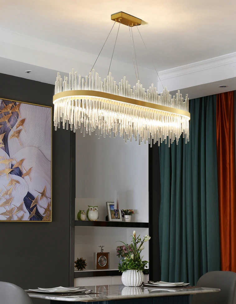 
Modern Style LED Glass Rod Hanging Light Gold Chandelier Crystal for Dining Table 
