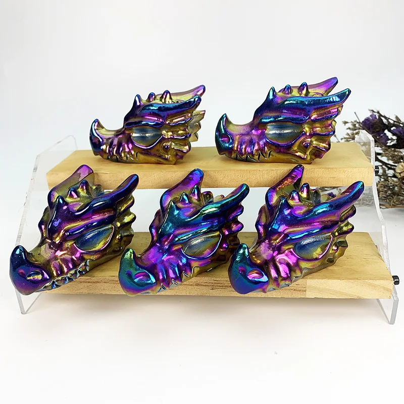 Wholesale 7cm Hand Craft Carved Aura Quartz Healing Gemstone Crystal Dragon Skulls Head For Gift