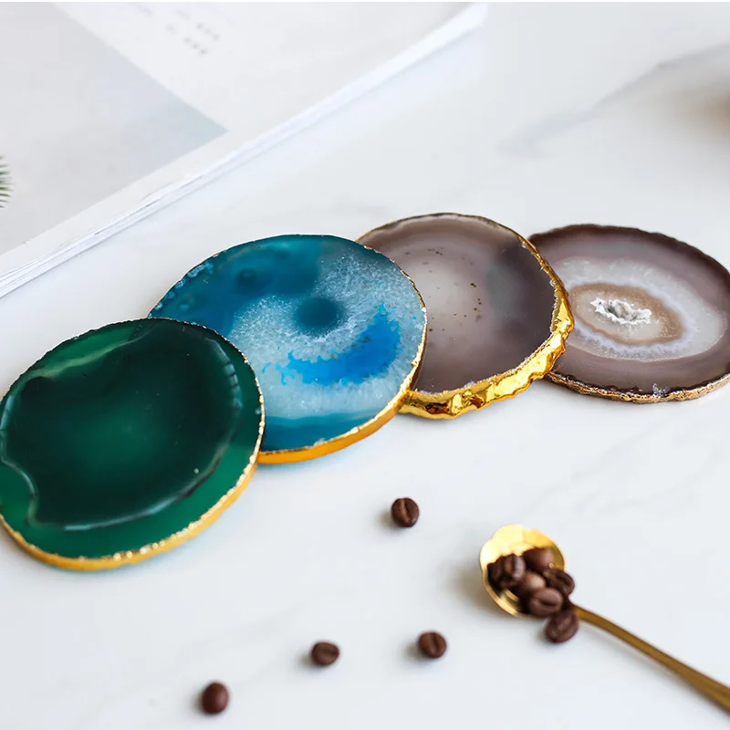 Colorful Natural Agate Coasters Wholesale Crystal Coaster With Gold Coated