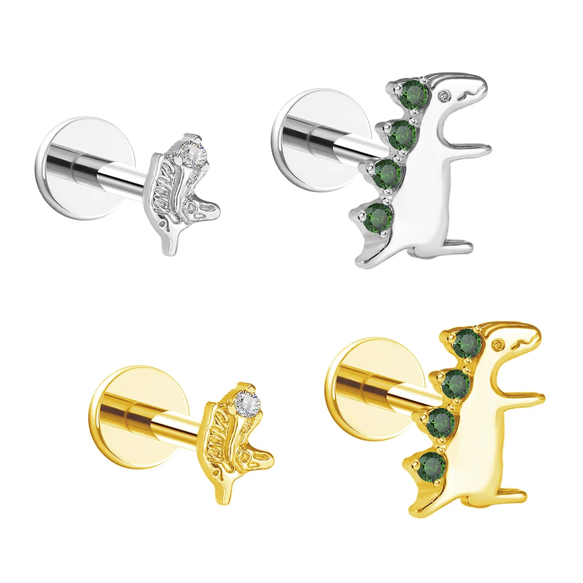 A Cute Dinosaur Lip Stud Ear Stud Nose Stud For Both Men And Women Set With White Green Cubic Zircon Oxide Piercing Jewelry