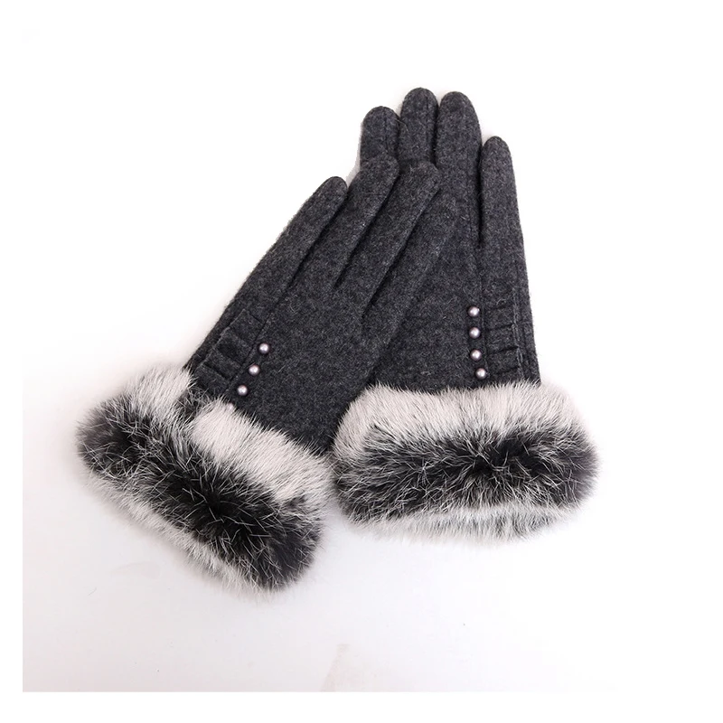 Custom Fashion Colorful Fluffy Rabbit Fur Cuff Gloves for Ladies Winter Woolen Warm Gloves for Women with Custom Label