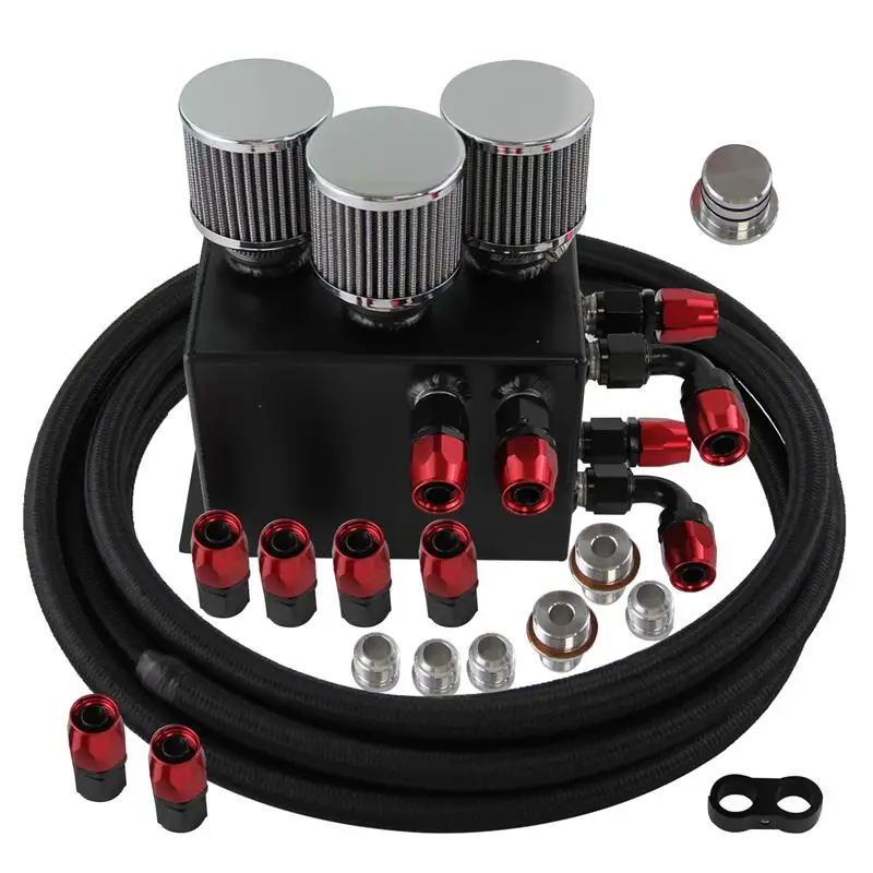 10AN Inlet Oil Catch Can 3 Breather Filters Baffled Tank Kit for Civic 92-00 Acu*ra Integra 94-01 B Series K Series Engine