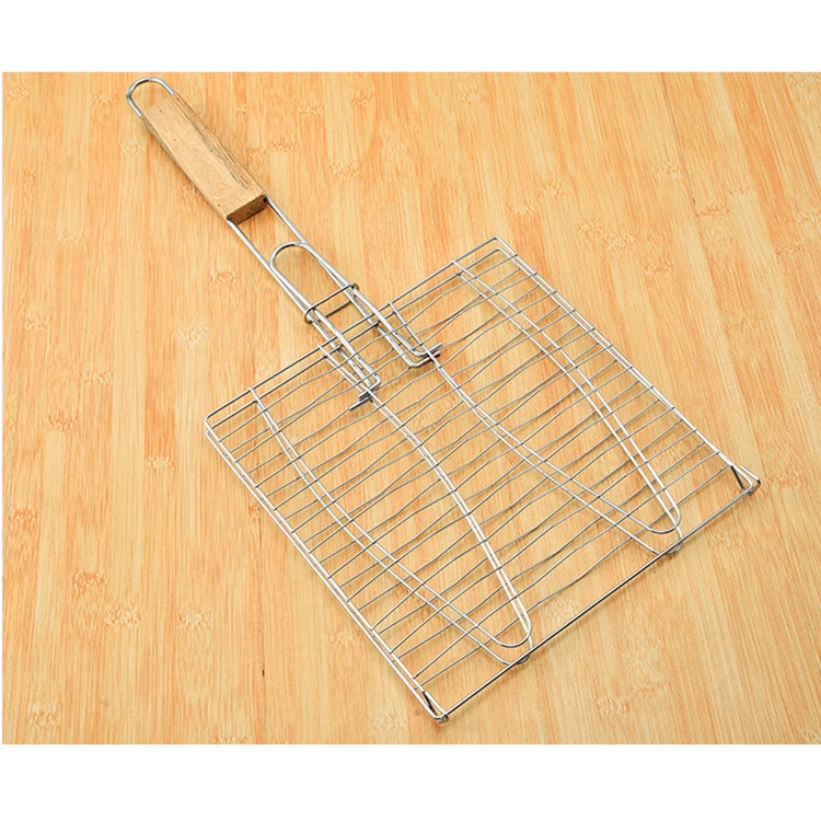 Barbecue tool thicken double fish barbecue mesh grill basket BBQ rack barbecue clip for fishes wooden handle