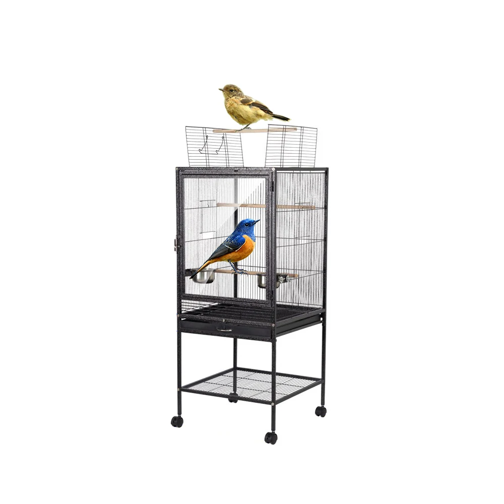 Black 34 Inch Large Metal Bird Flight Cage Bird Cage Open Top Standing Parrot Parakeet Cage With Rolling Stand