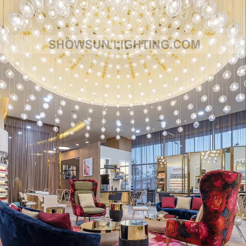 Custom made glass staircase long large chandelier modern high ceiling ball bubble