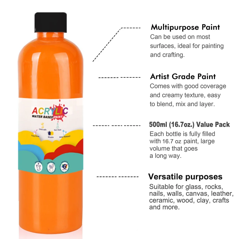 500ml Large Volume Rich Pigmented Thick Acrylic Paint Set For Kid Canvas Wood Ceramic Painting