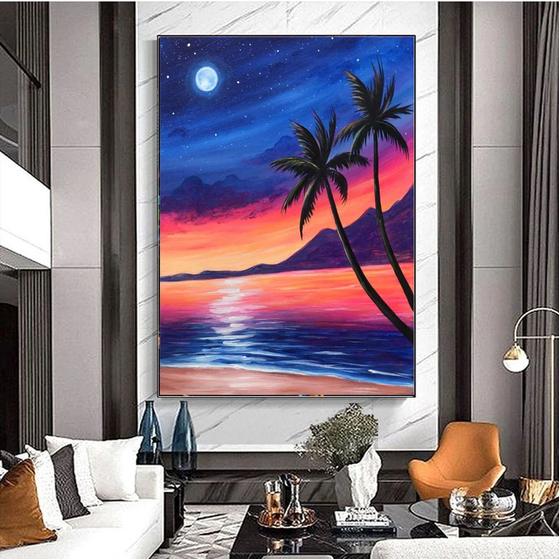 30*40 см «DIY» художественная живопись Луна кокосовое дерево морской пейзаж мозаичные бусины для украшения отеля алмазная красочная