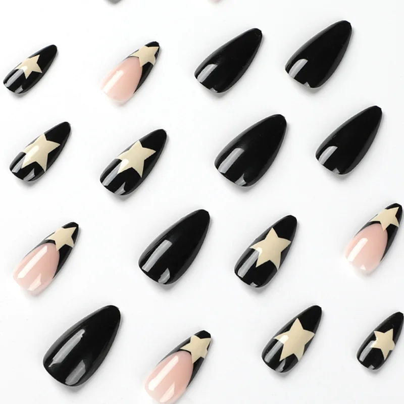 black star 24pcs french full cover press on nails
