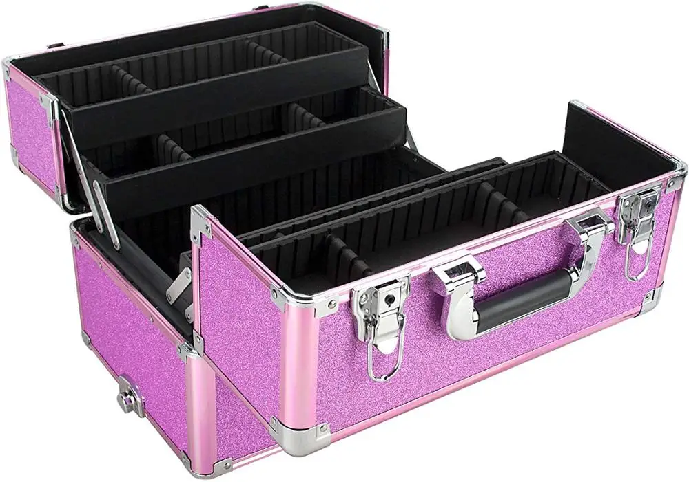 Rolling Makeup trolley Case Professional Lock Train Case Cosmetic Trolley Case With Sliding Drawer Organizer and Wheels Red Alum