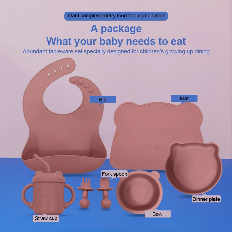 New Arrival Eco Friendly Non Toxic Silicone Feeding Suction Plate Bowl Spoon Bib Silicone Baby Feeding Set Bpa Free Tableware