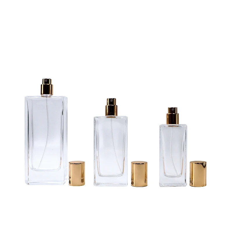 30ml 50ml 100ml clear empty square perfume glass bottle refillable crimp mouth sprayer